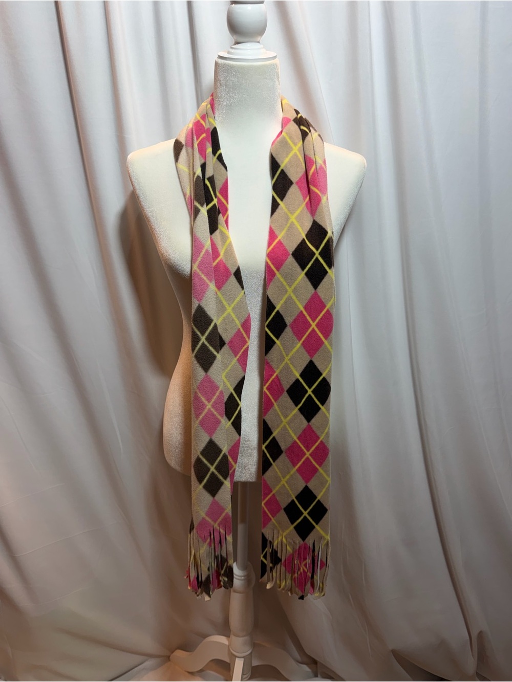 Old Navy Pink, Beige, Black and Yellow Argyle Fringe Scarf